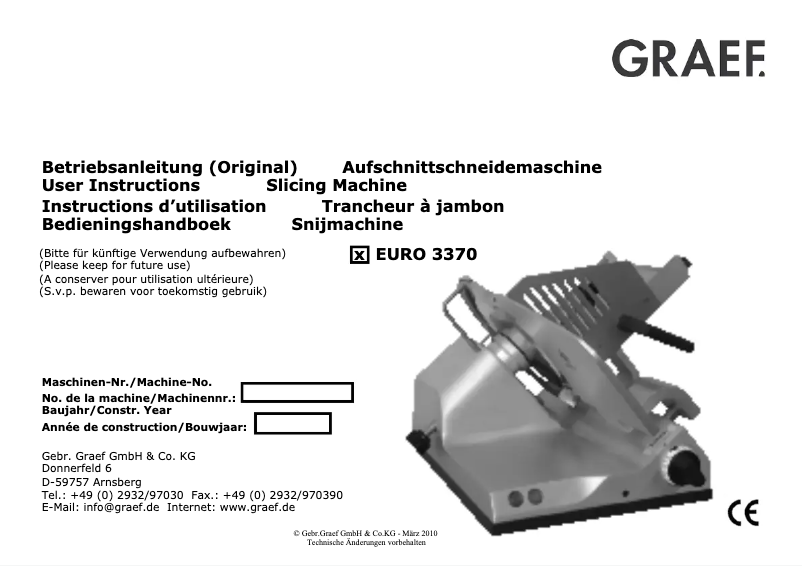 Page 1 de la notice Manuel utilisateur Graef Euro 3370