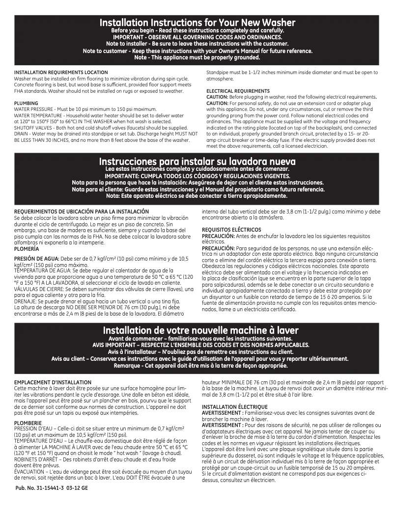 Page 1 de la notice Manuel utilisateur GE GTAN2800DWW