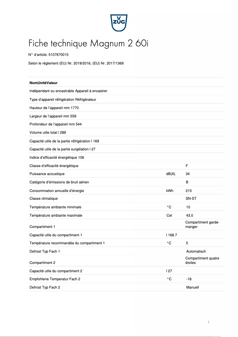 Page n°1 - Fiche technique V-Zug Magnum 2 60i