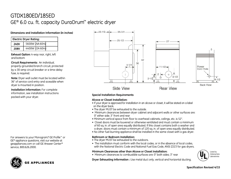 Page 1 de la notice Fiche technique GE GTDX185EDCC