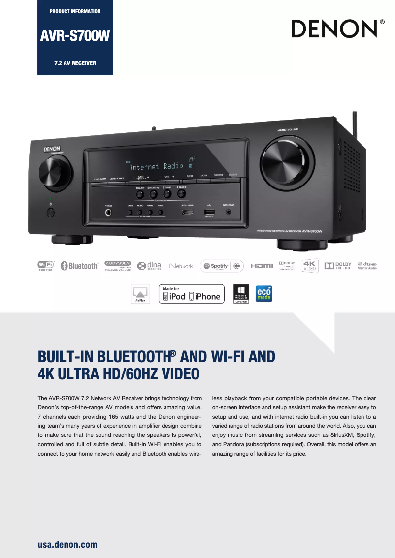 Page 1 de la notice Fiche technique Denon AVR-S700W