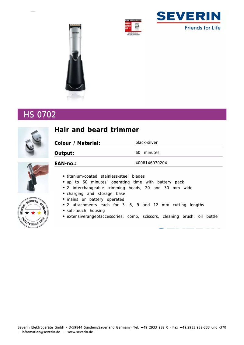 Page 1 de la notice Fiche technique Severin HS 0702