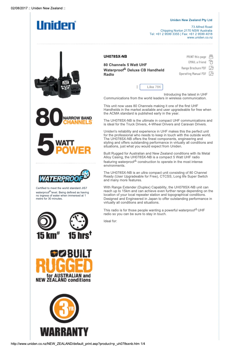 Page 1 de la notice Fiche technique Uniden UH078SX-NB