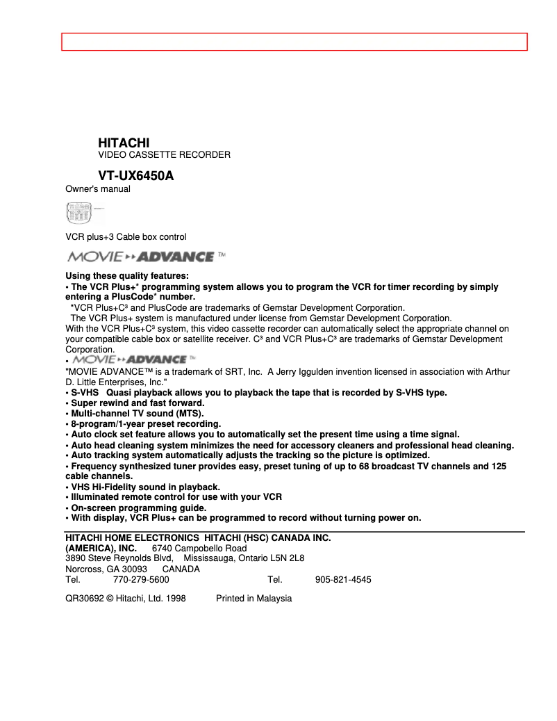 Page n°1 - Manuel utilisateur Hitachi VT-UX6450A