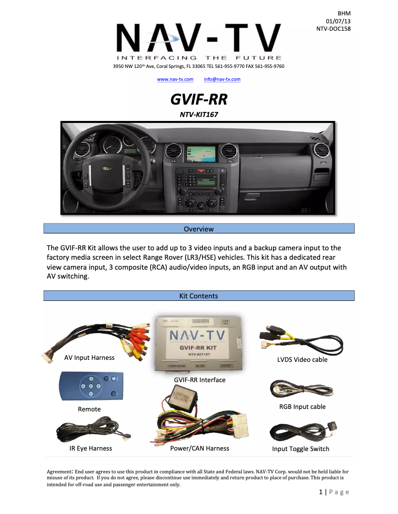 Page n°1 - Guide d'installation NAV-TV GVIF-RR NTV-KIT167