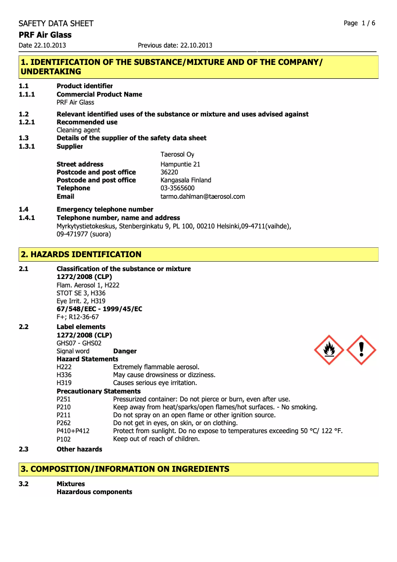 Page 1 de la notice Manuel utilisateur Taerosol PRF AGLASS/520