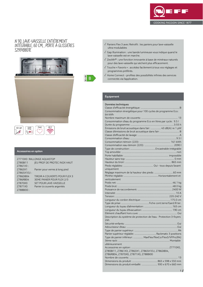 Page 1 de la notice Fiche technique Neff S299YB801E