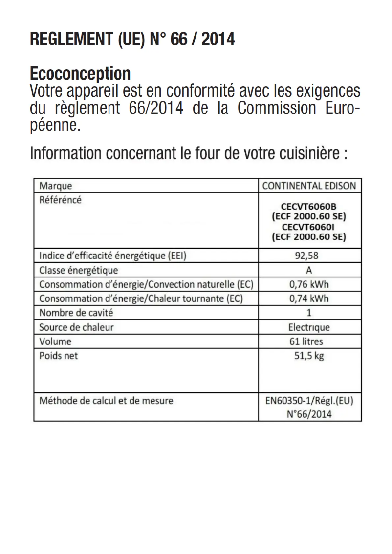 Page 1 de la notice Label énergétique Continental Edison CECVT6060B