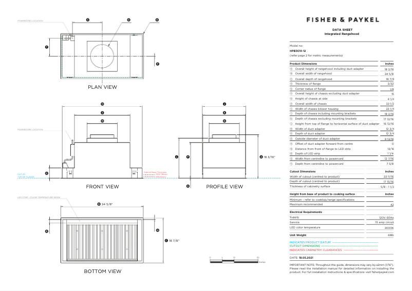 Page n°1 - Fiche technique Fisher & Paykel HPB3619-12