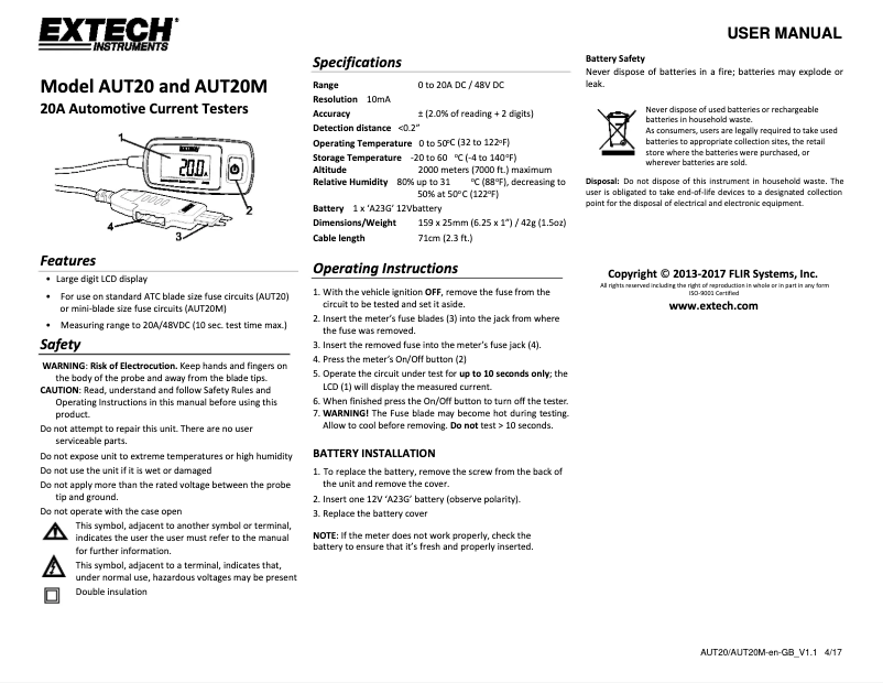 Page n°1 - Manuel utilisateur Extech AUT20