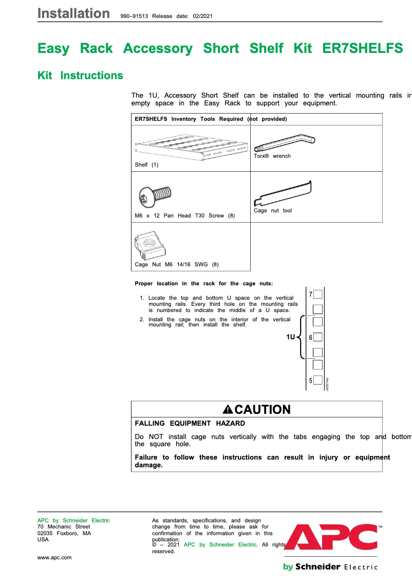 Page 1 de la notice Manuel utilisateur APC ER7SHELFS
