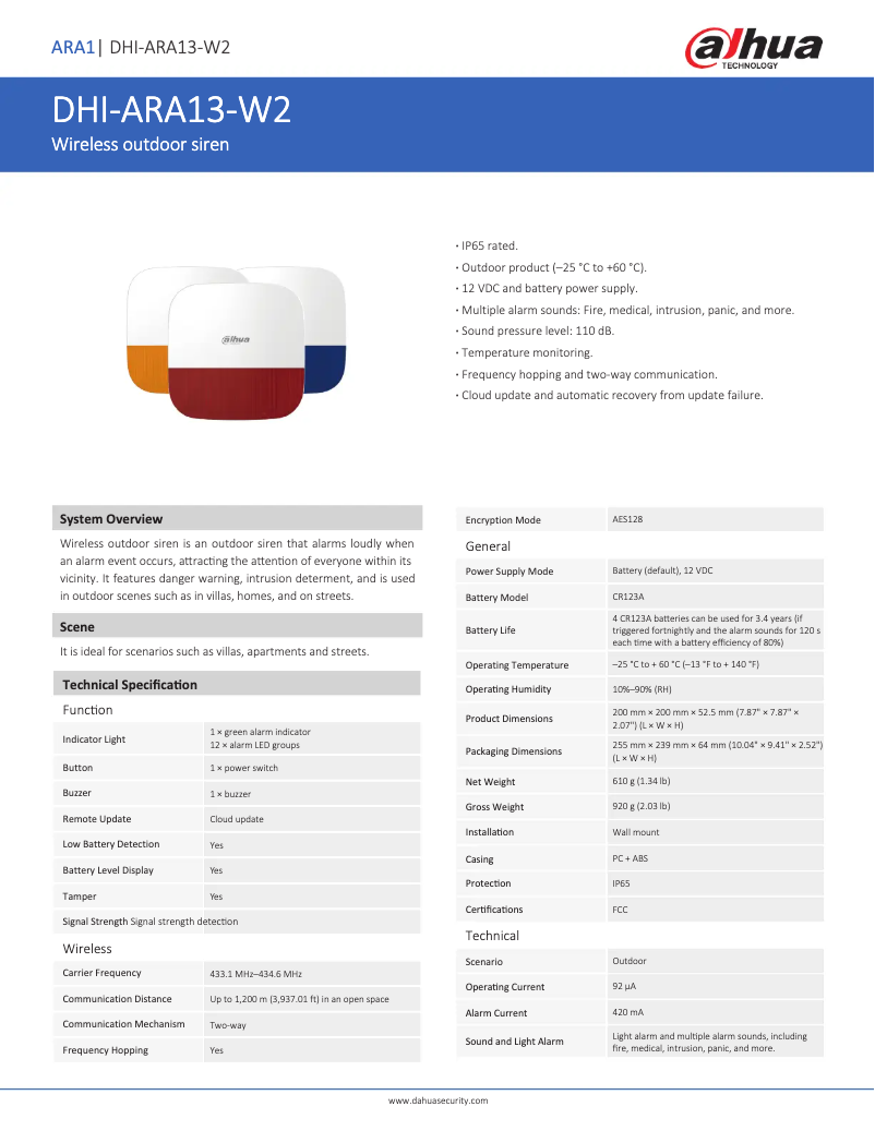Página 1 del manual Ficha técnica Dahua Technology ARA13-W2