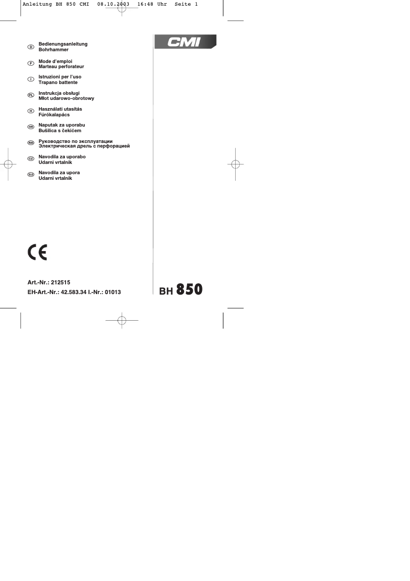 Page 1 de la notice Manuel utilisateur CMI BH 850