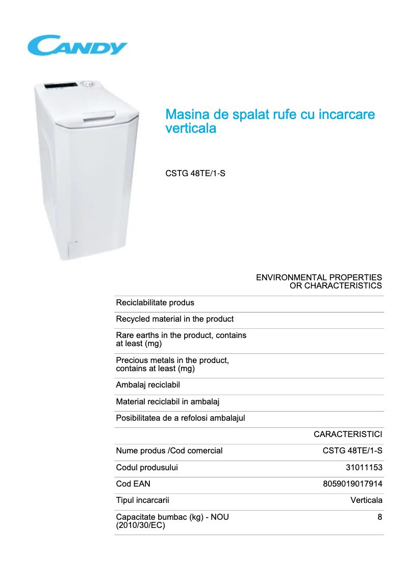 Page 1 de la notice Fiche technique Candy CSTG 48TE/1-S