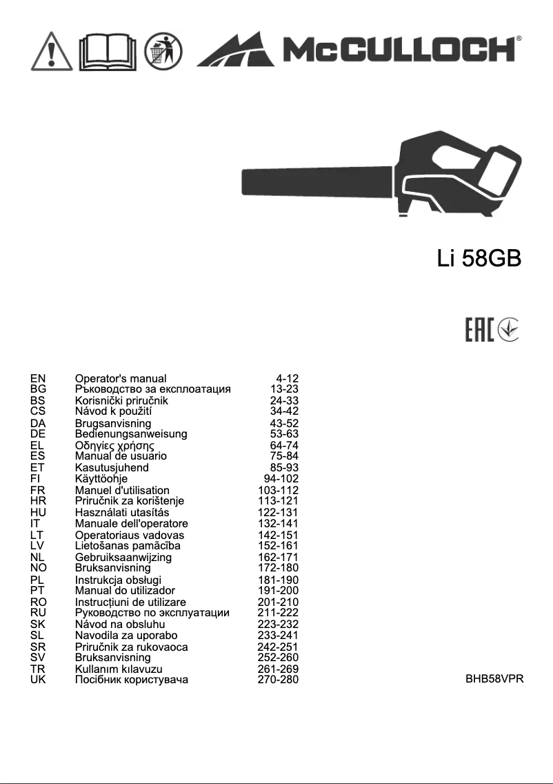 Page 1 de la notice Manuel utilisateur McCulloch Li 58GB