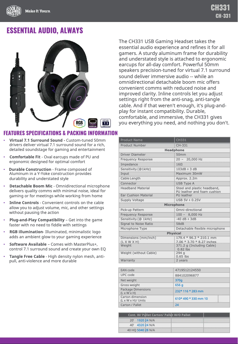 Page 1 de la notice Fiche technique Cooler Master CH331
