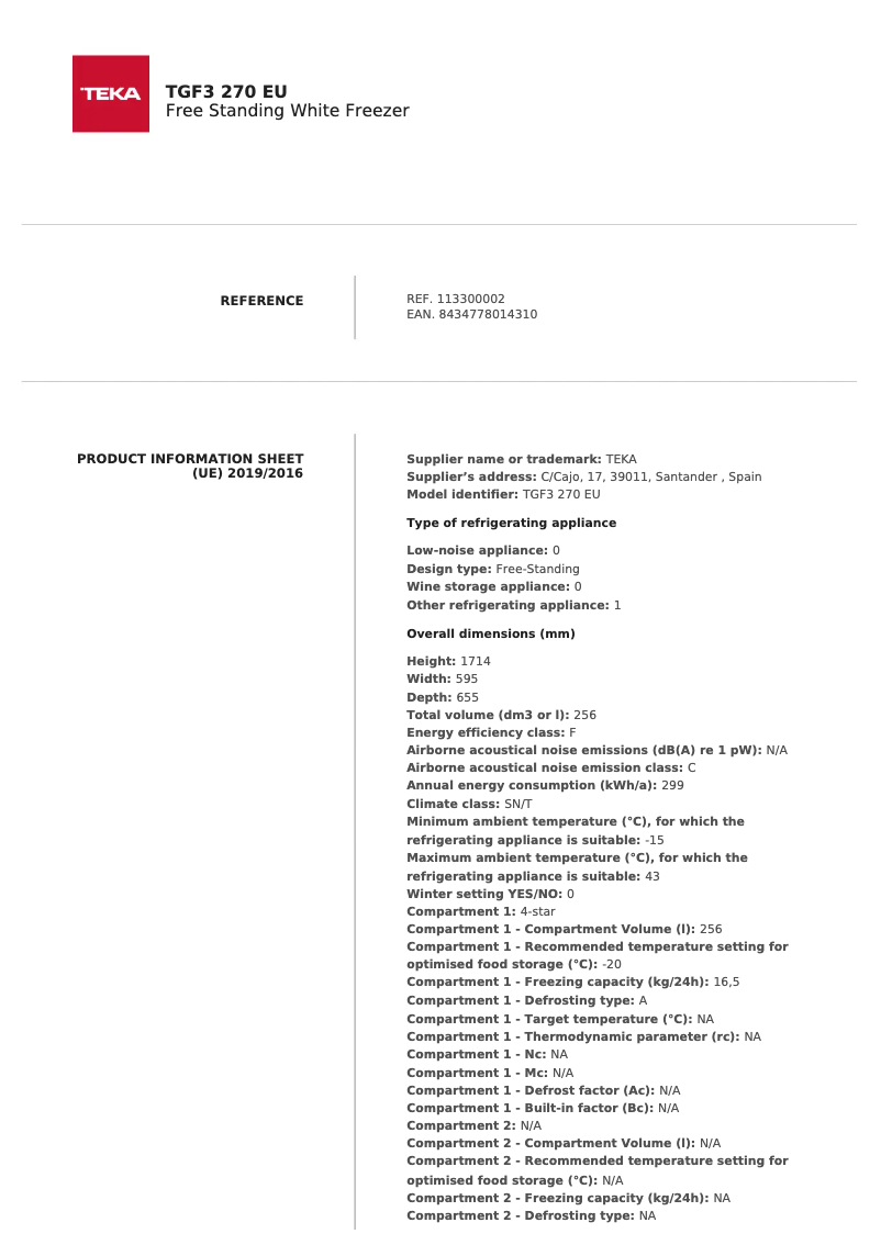 Page 1 de la notice Fiche technique Teka TGF3 270
