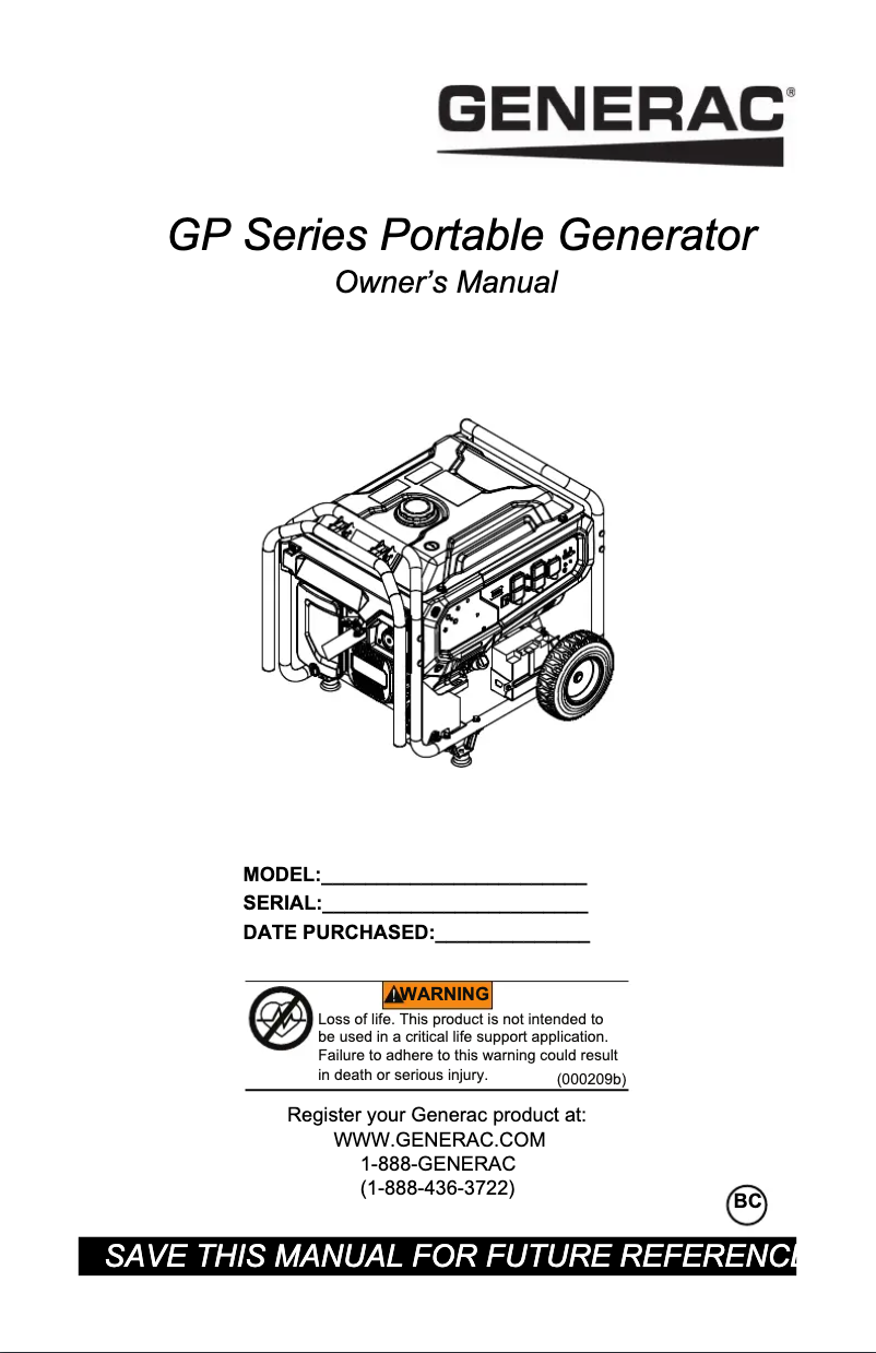 Page n°1 - Manuel utilisateur Generac G0080110