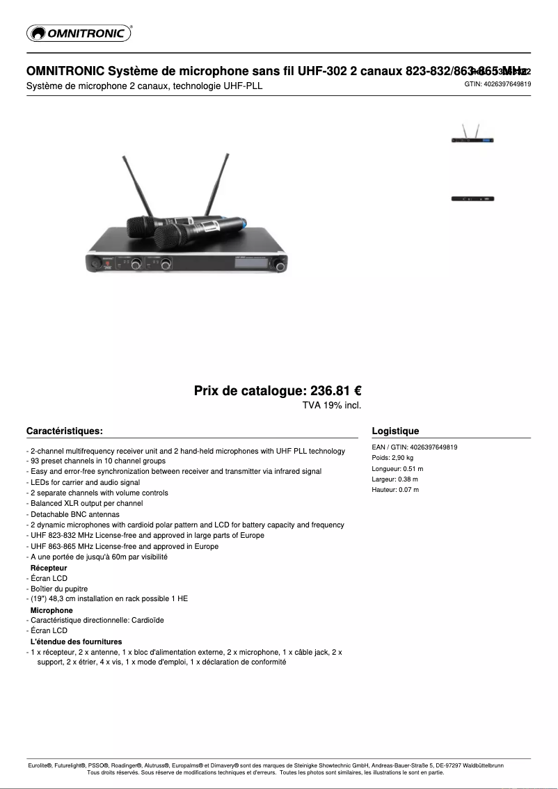Página 1 del manual Ficha técnica Omnitronic UHF-302