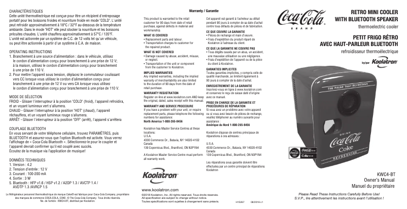 Page n°1 - Manuel utilisateur Coca-Cola KWC4-BT