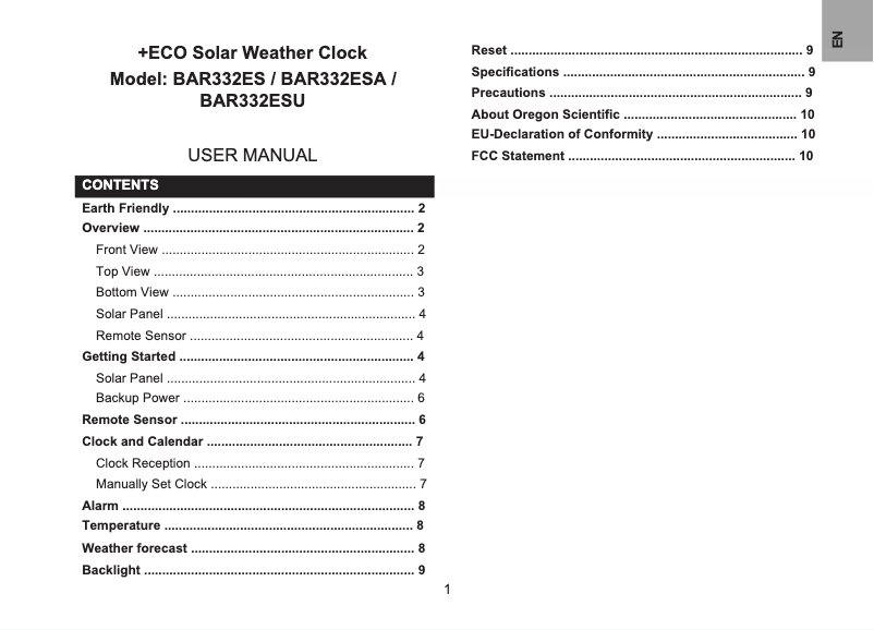 Page 1 de la notice Manuel utilisateur Oregon Scientific BAR332ES