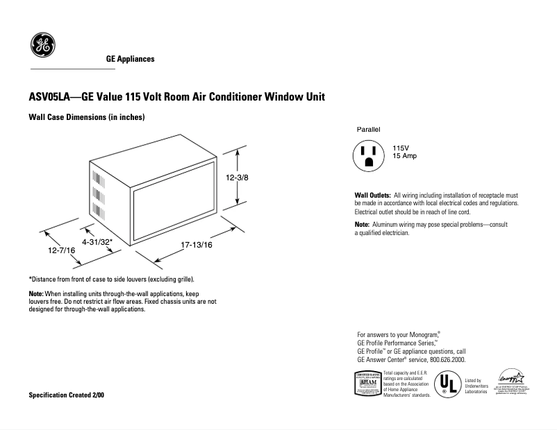 Page n°1 - Fiche technique GE ASV05LA