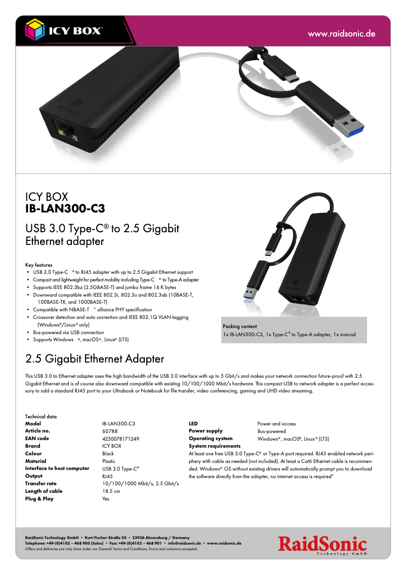 Página 1 del manual Ficha técnica Icy Box IB-LAN300-C3