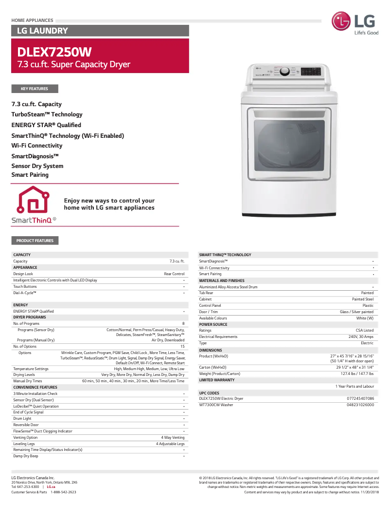 Página 1 del manual Ficha técnica LG DLEX7250W