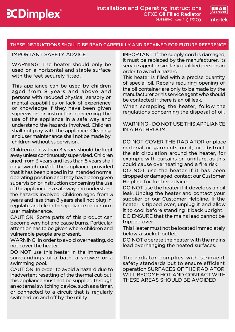 Page 1 de la notice Manuel utilisateur Dimplex OFX200E