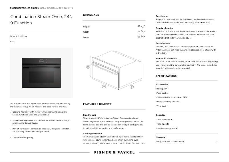 Page 1 de la notice Guide de démarrage rapide Fisher & Paykel OS24NDBB1