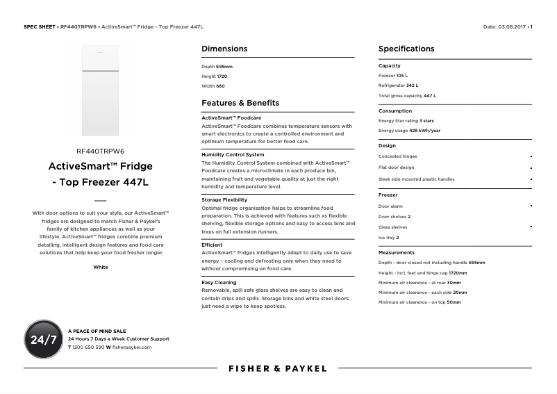 Page 1 de la notice Fiche technique Fisher & Paykel RF440TRPW6
