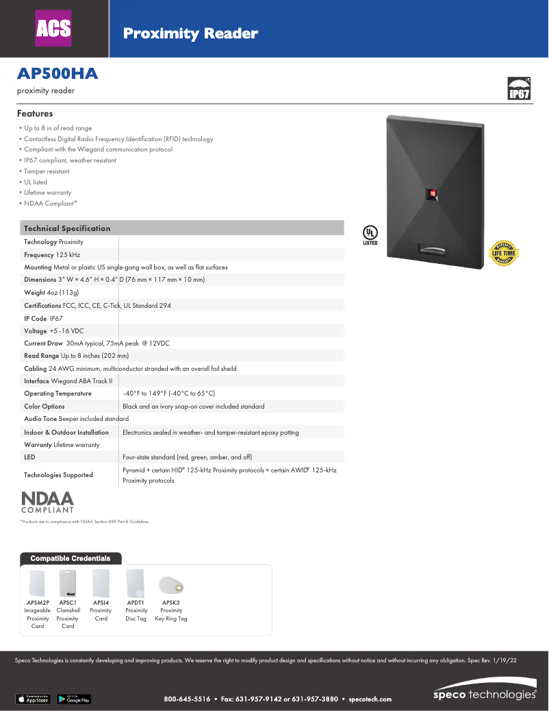 Page 1 de la notice Fiche technique Speco Technologies AP500HA