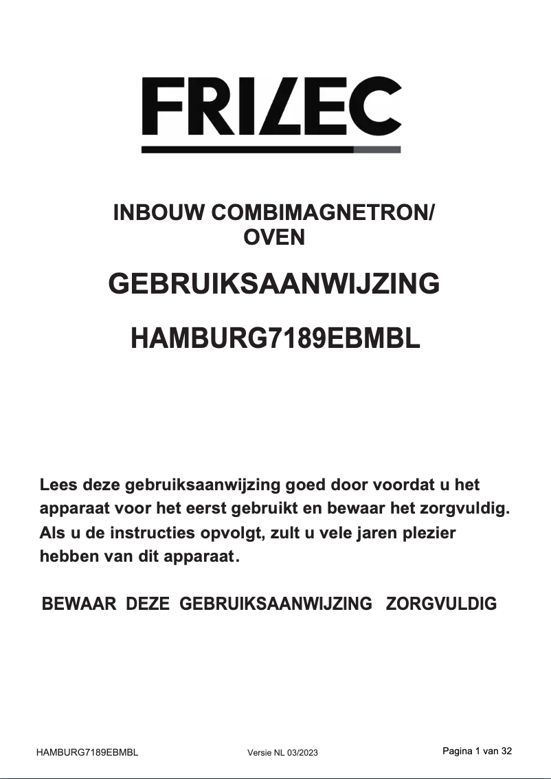 Page 1 de la notice Manuel utilisateur Frilec HAMBURG7189EBMBL