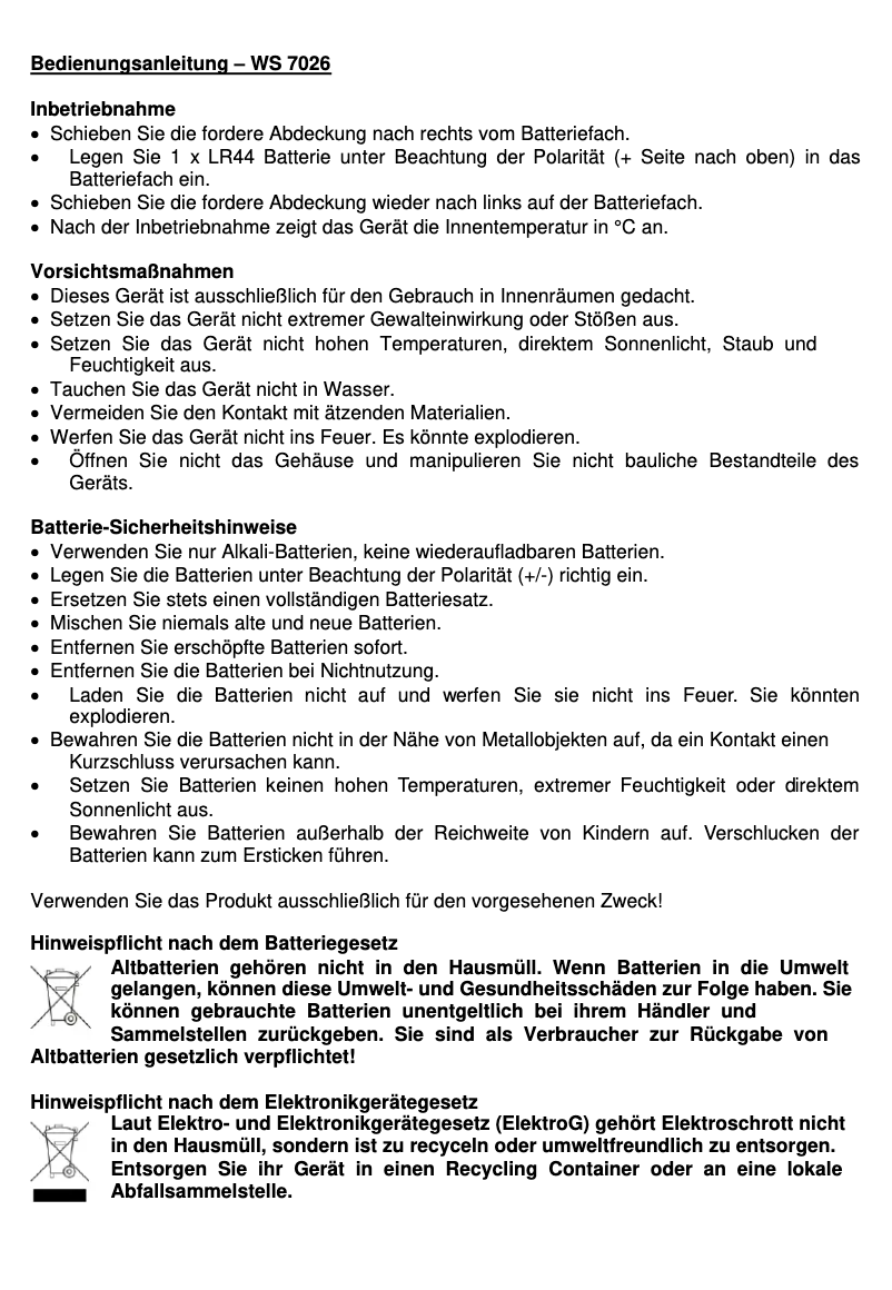 Page n°1 - Manuel utilisateur Techno Line WS 7026
