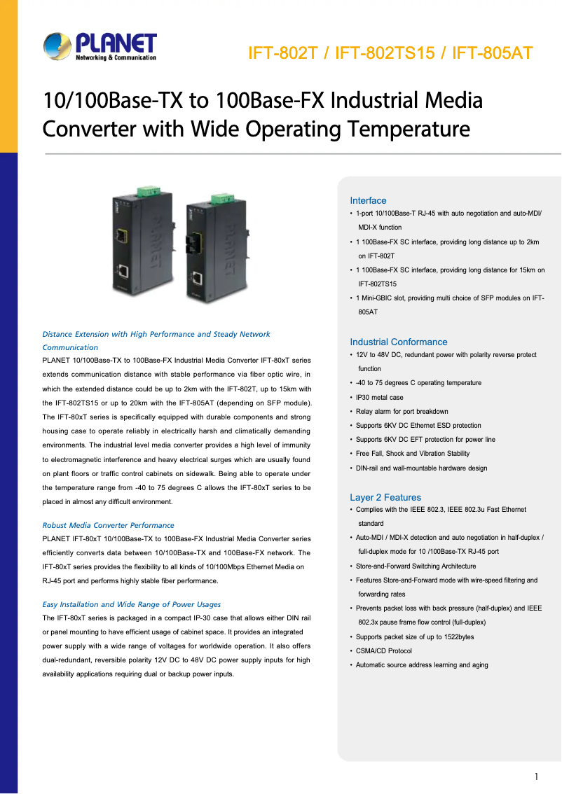 Página 1 del manual Ficha técnica Planet IFT-805AT