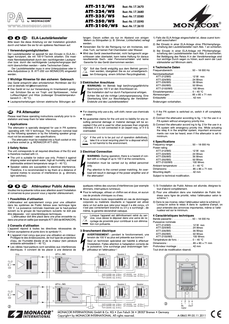 Page 1 de la notice Manuel utilisateur Monacor ATT-212/WS