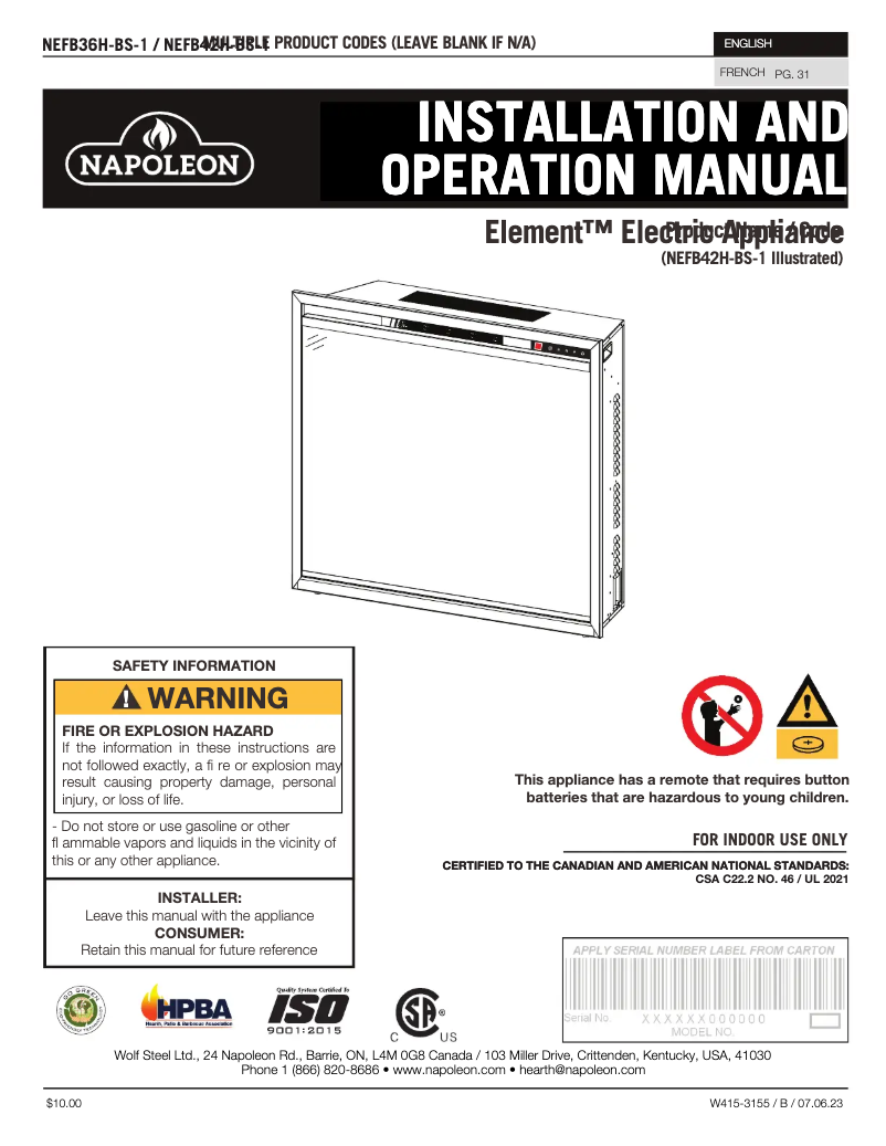 Page 1 de la notice Manuel utilisateur Napoleon Element NEFB36H-BS-1