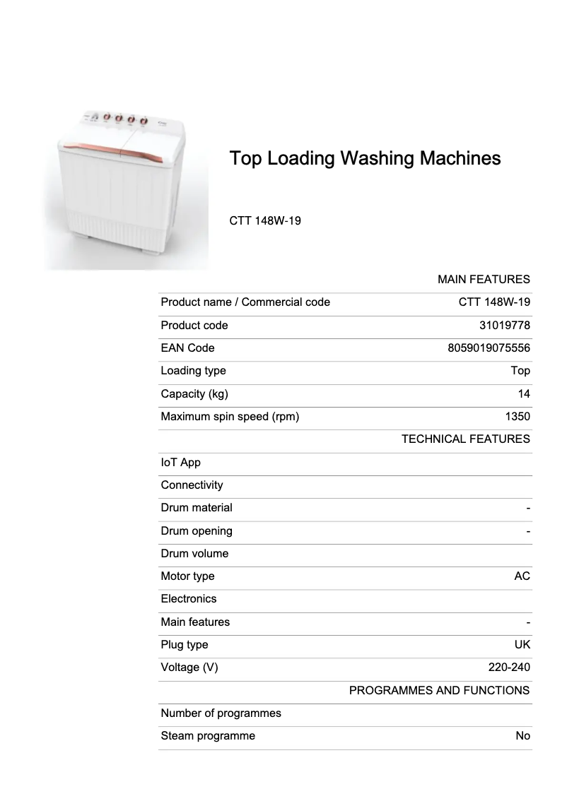 Page 1 de la notice Fiche technique Candy CTT 148W-19