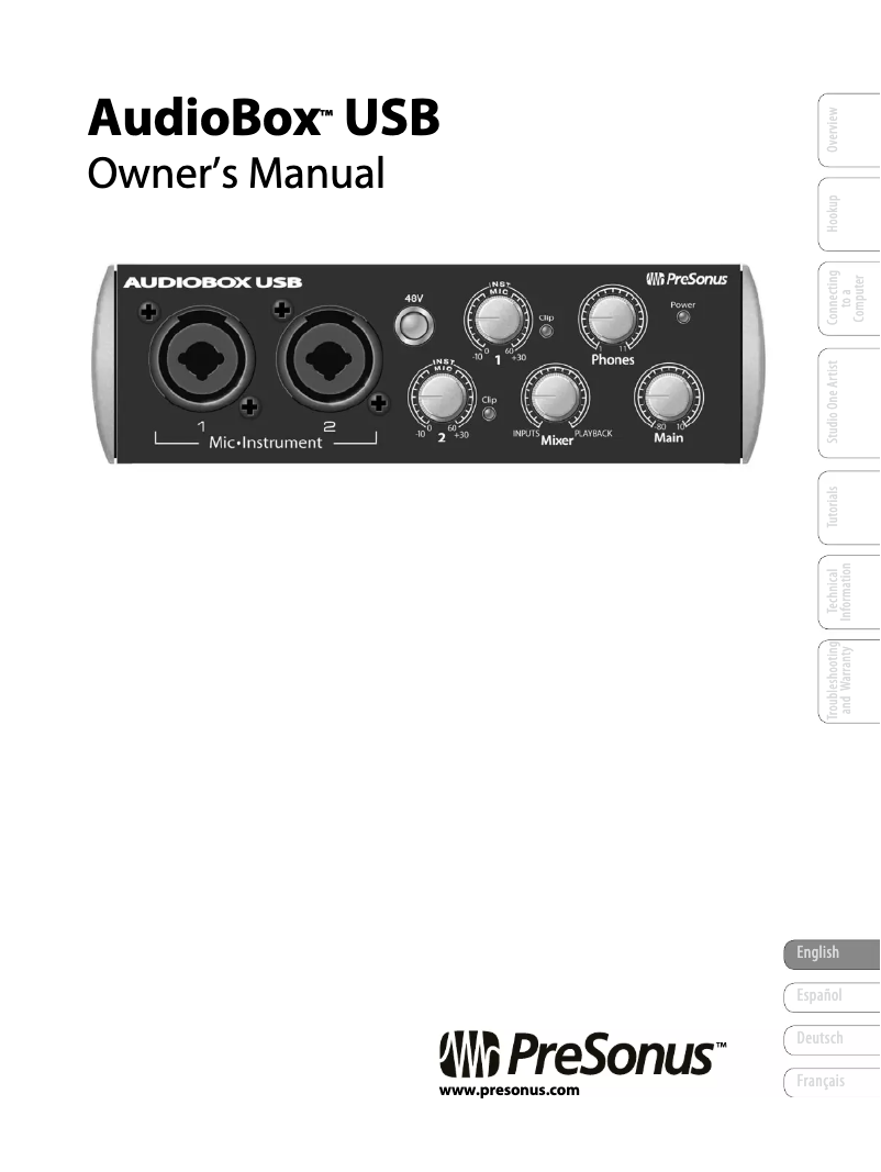 Page 1 de la notice Manuel utilisateur PreSonus Audiobox USB