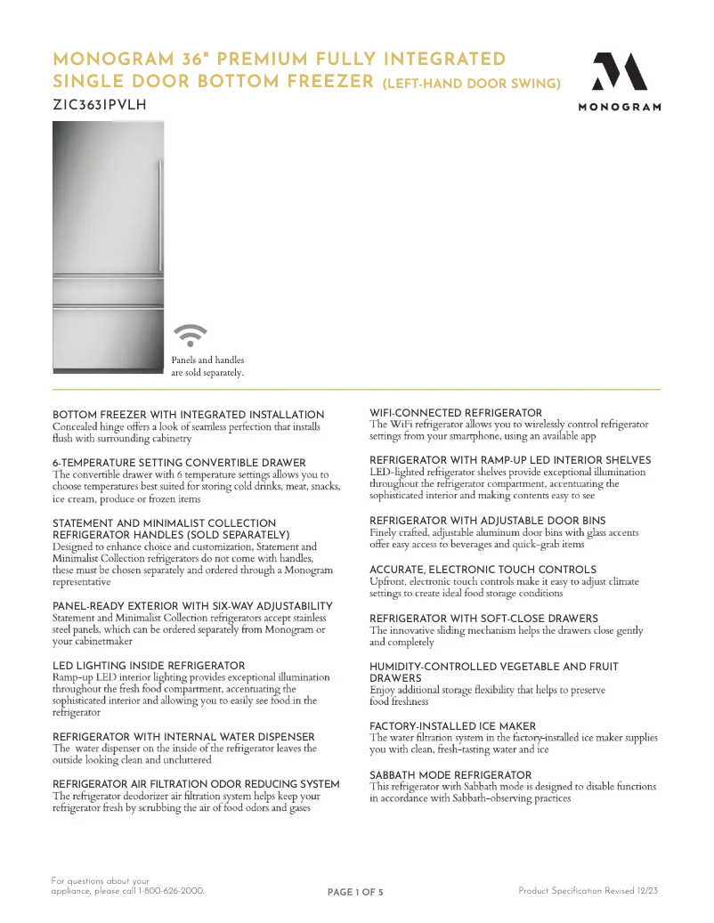 Page n°1 - Fiche technique Monogram ZIC363IPVLH