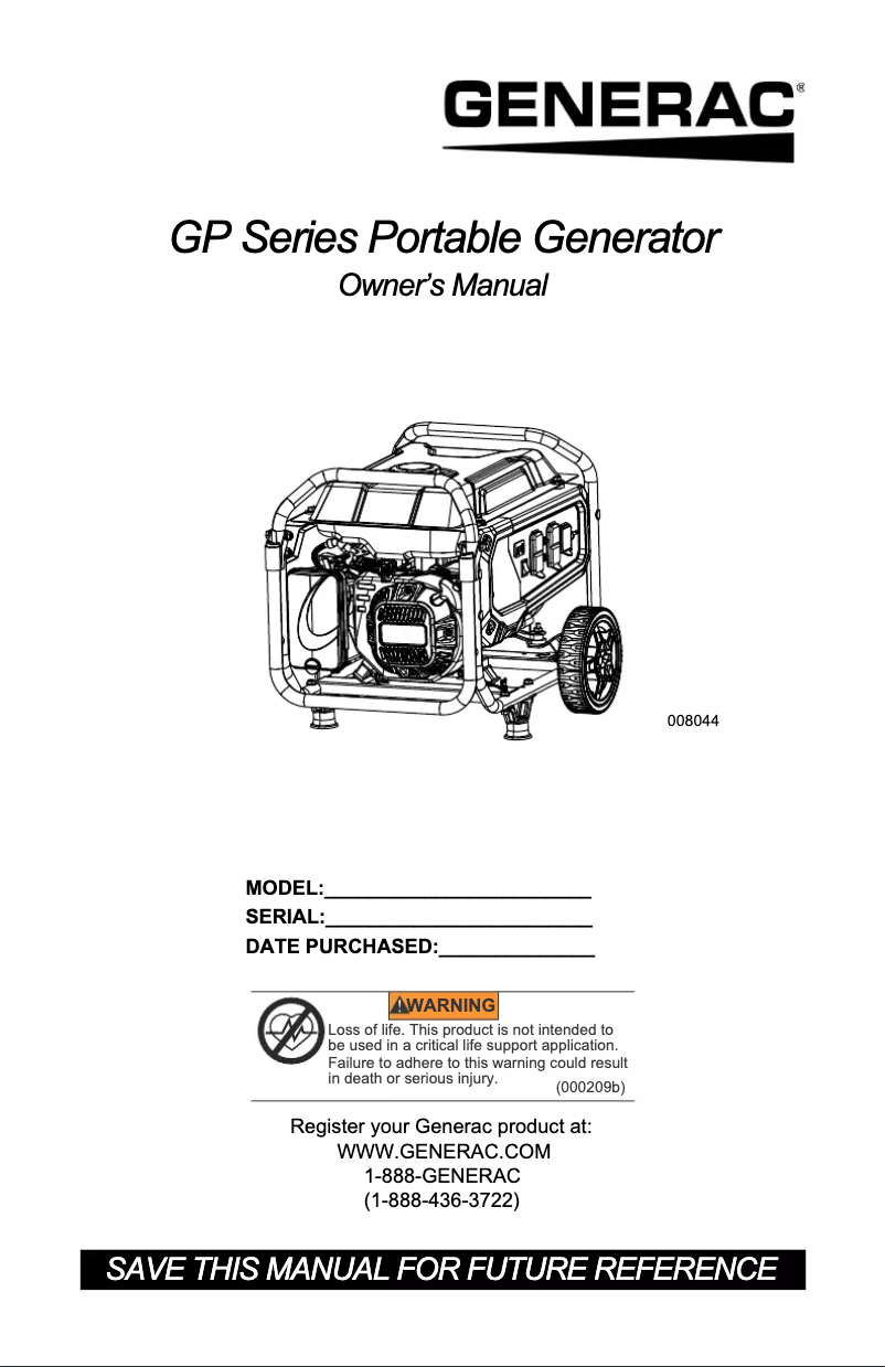 Page n°1 - Manuel utilisateur Generac GP Series 3600