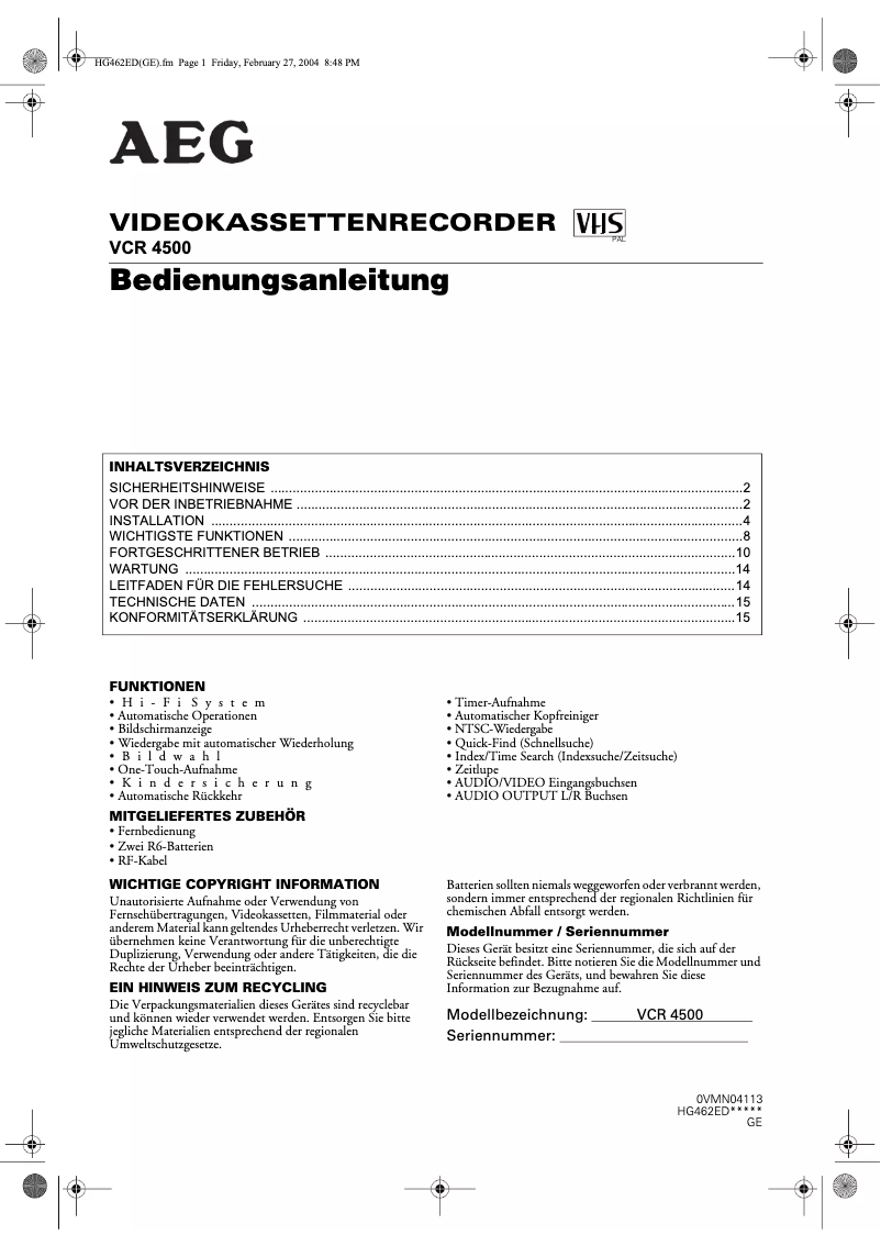 Imagen de la primera página del manual del dispositivo VCR 4500