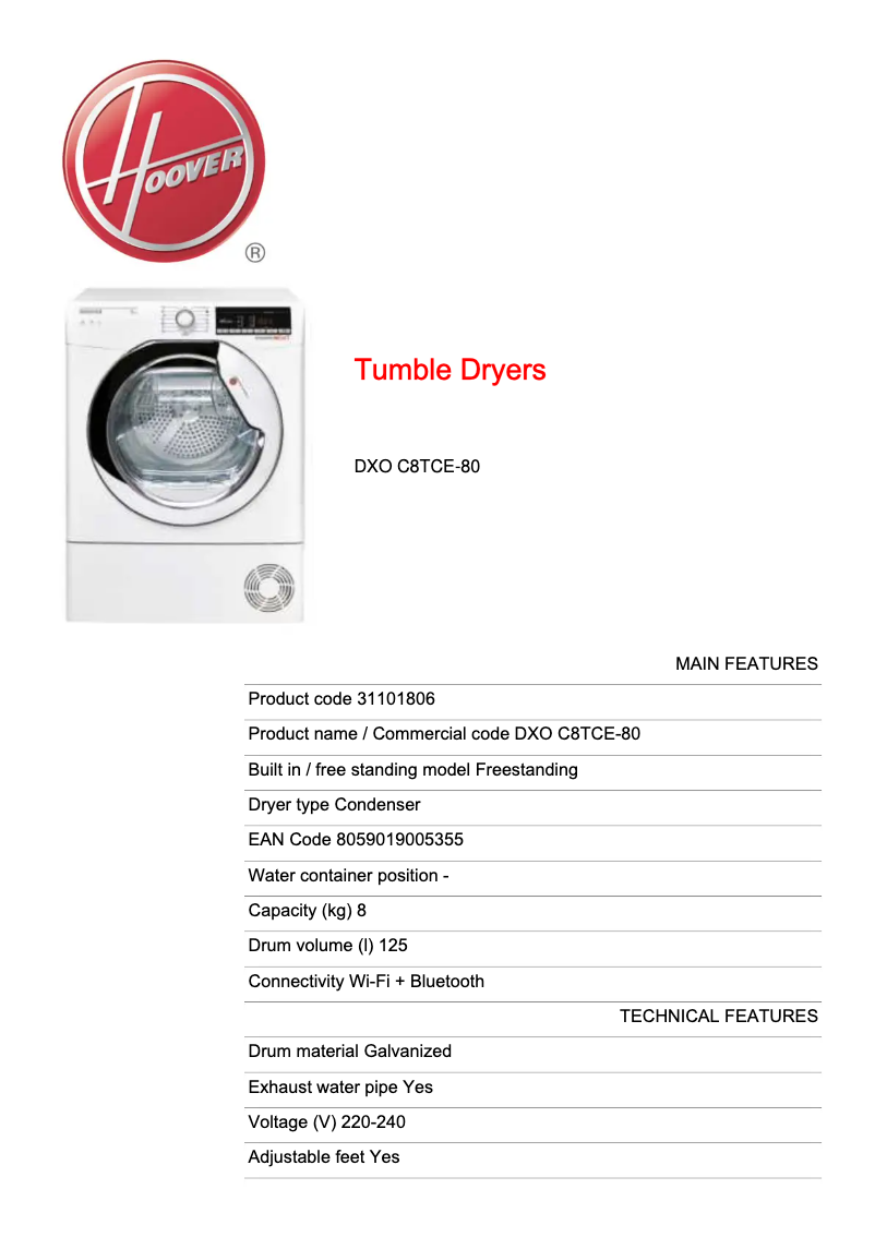 Page n°1 - Fiche technique Hoover DXO C8TCE-80