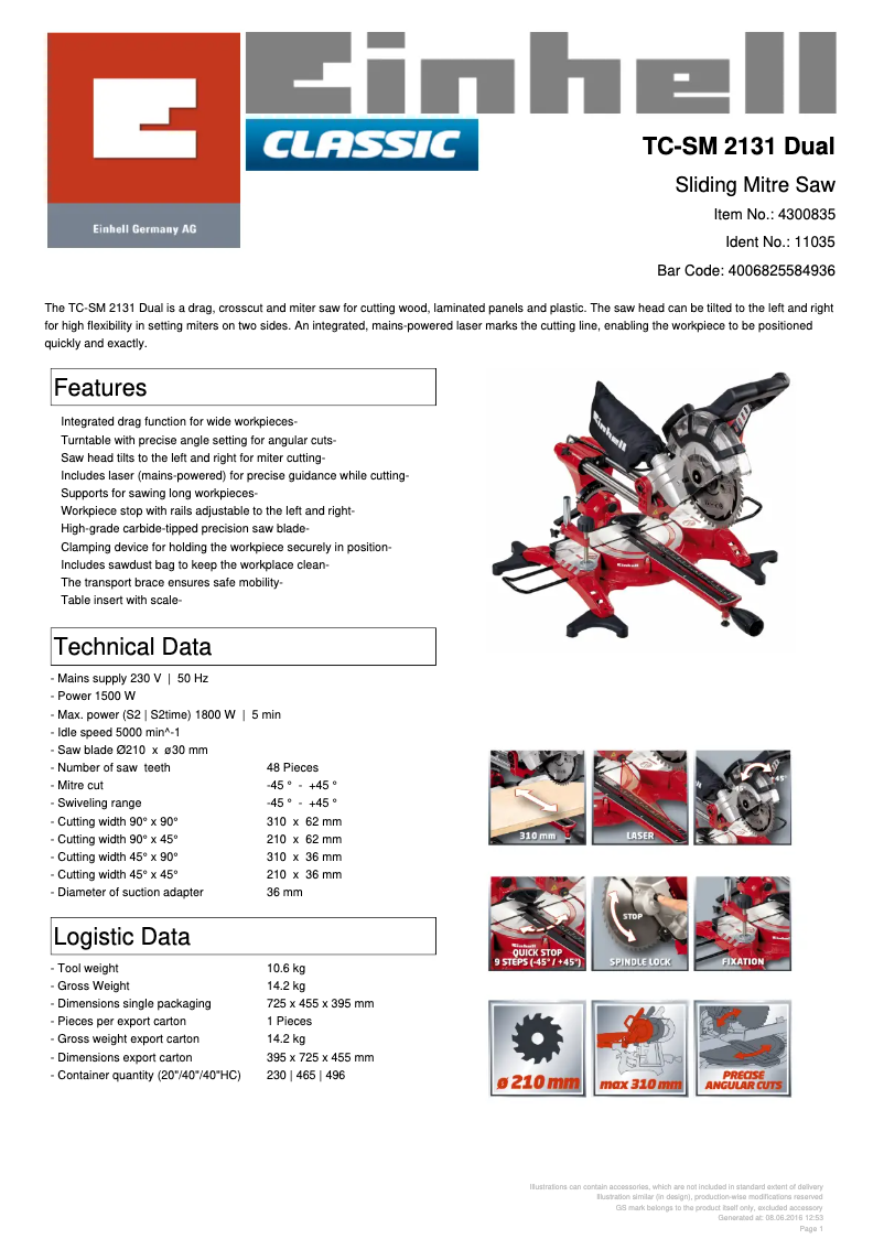 Page 1 de la notice Fiche technique Einhell TC-SM 2131 Dual
