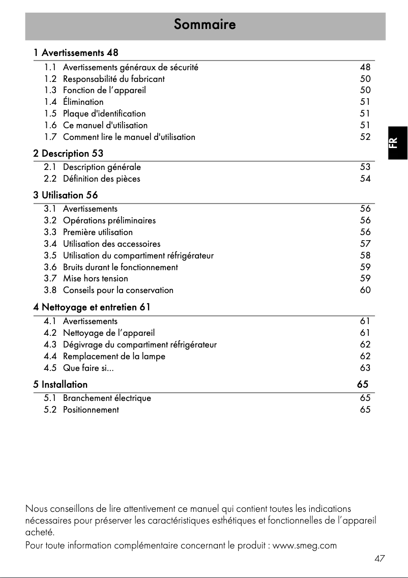 Page 1 de la notice Manuel utilisateur Smeg FAB10HLRD5