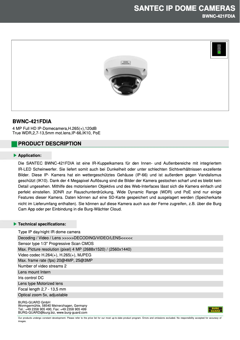 Página 1 del manual Ficha técnica Burg Wächter BWNC-421FDIA