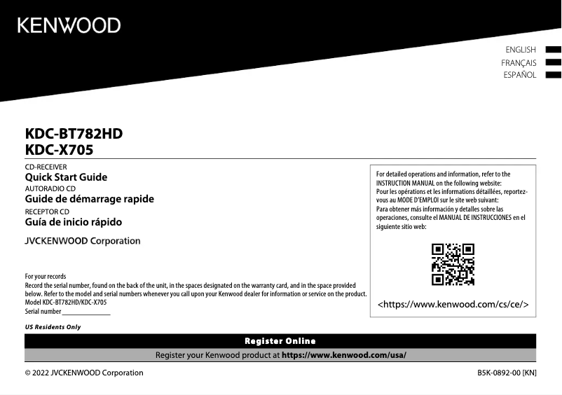 Page 1 de la notice Guide de démarrage rapide Kenwood KDC-X705
