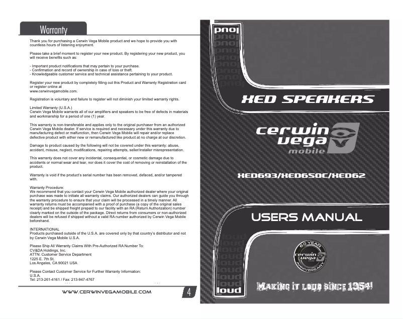 Page 1 de la notice Manuel utilisateur Cerwin-Vega XED62