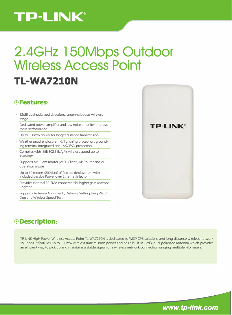 Page 1 de la notice Fiche technique TP-Link TL-WA7210N