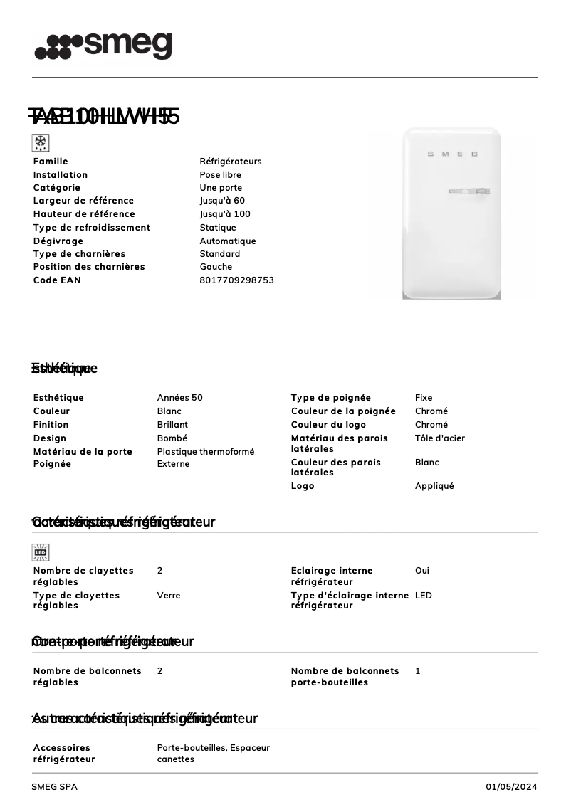 Page 1 de la notice Fiche technique Smeg FAB10HLWH5